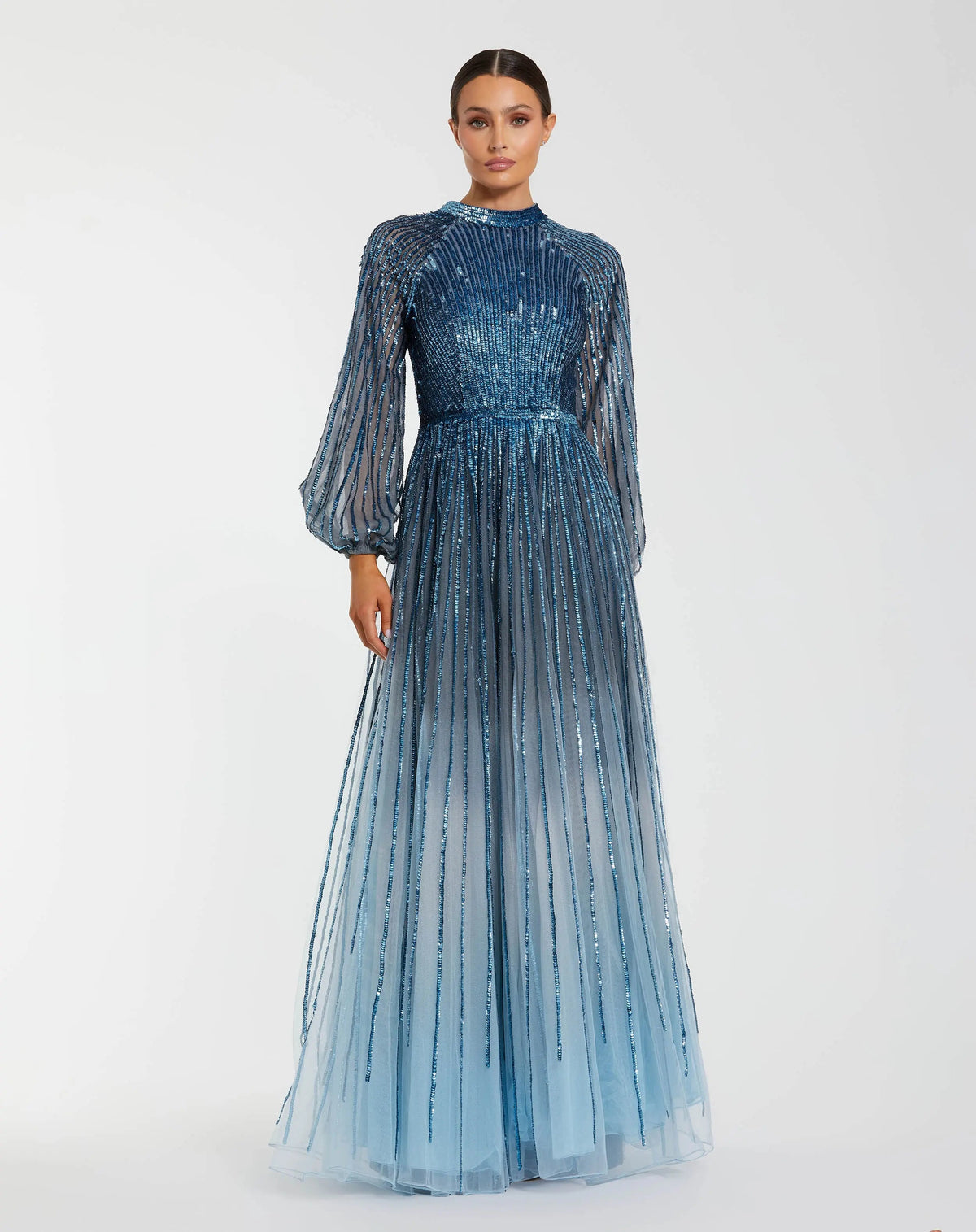 Blue ombré sequin gown front view with long sleeves and A-line silhouette