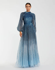 Blue ombré sequin gown front view with long sleeves and A-line silhouette