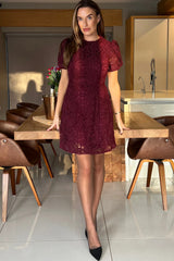 Ami Corded Plum Lace Tulip Sleeve Mini Dress