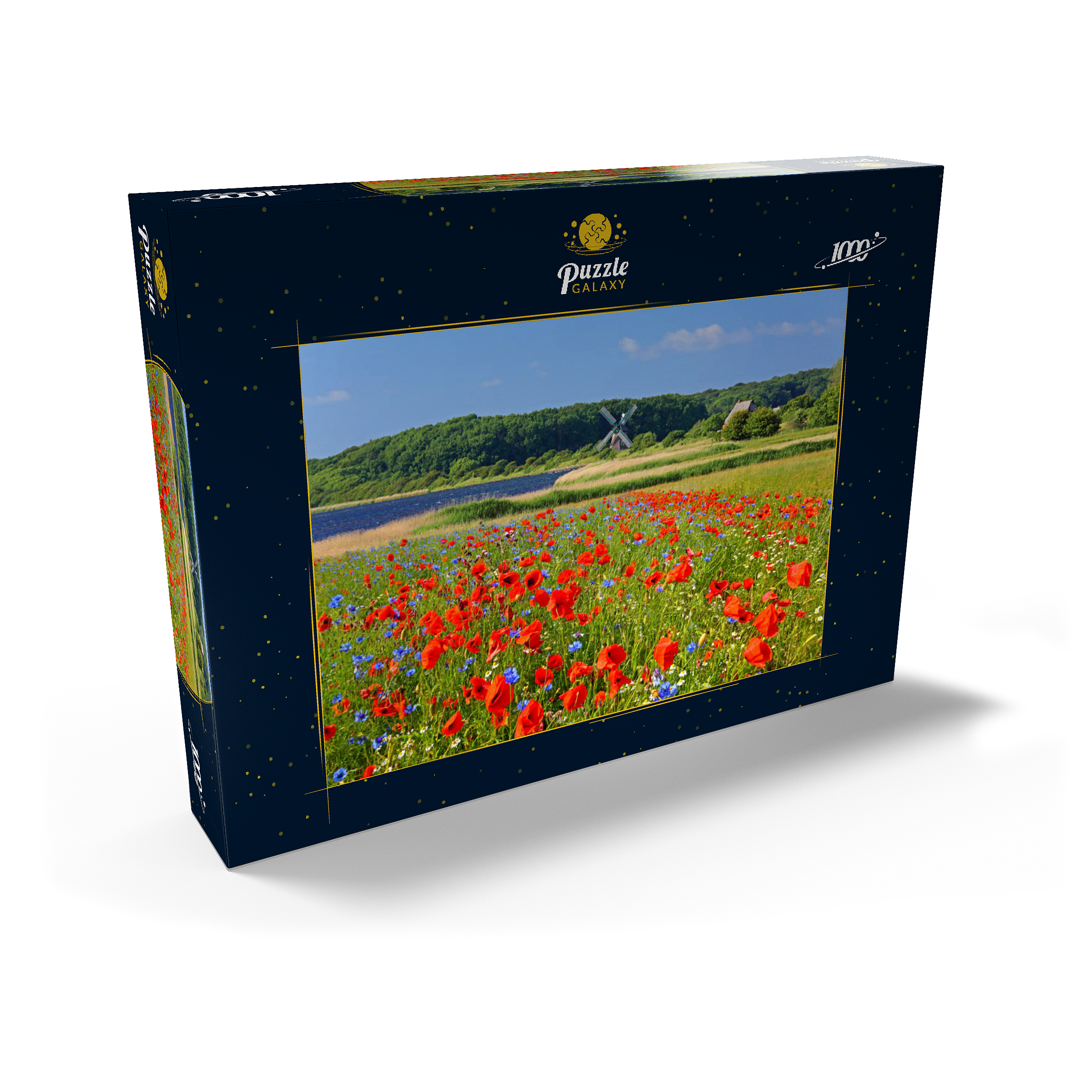 Mohnblumenfeld mit Blick zur Windmühle Charlotte in der Geltinger Birk, Geltinger Bucht 1000 Puzzle Schachtel Ansicht2