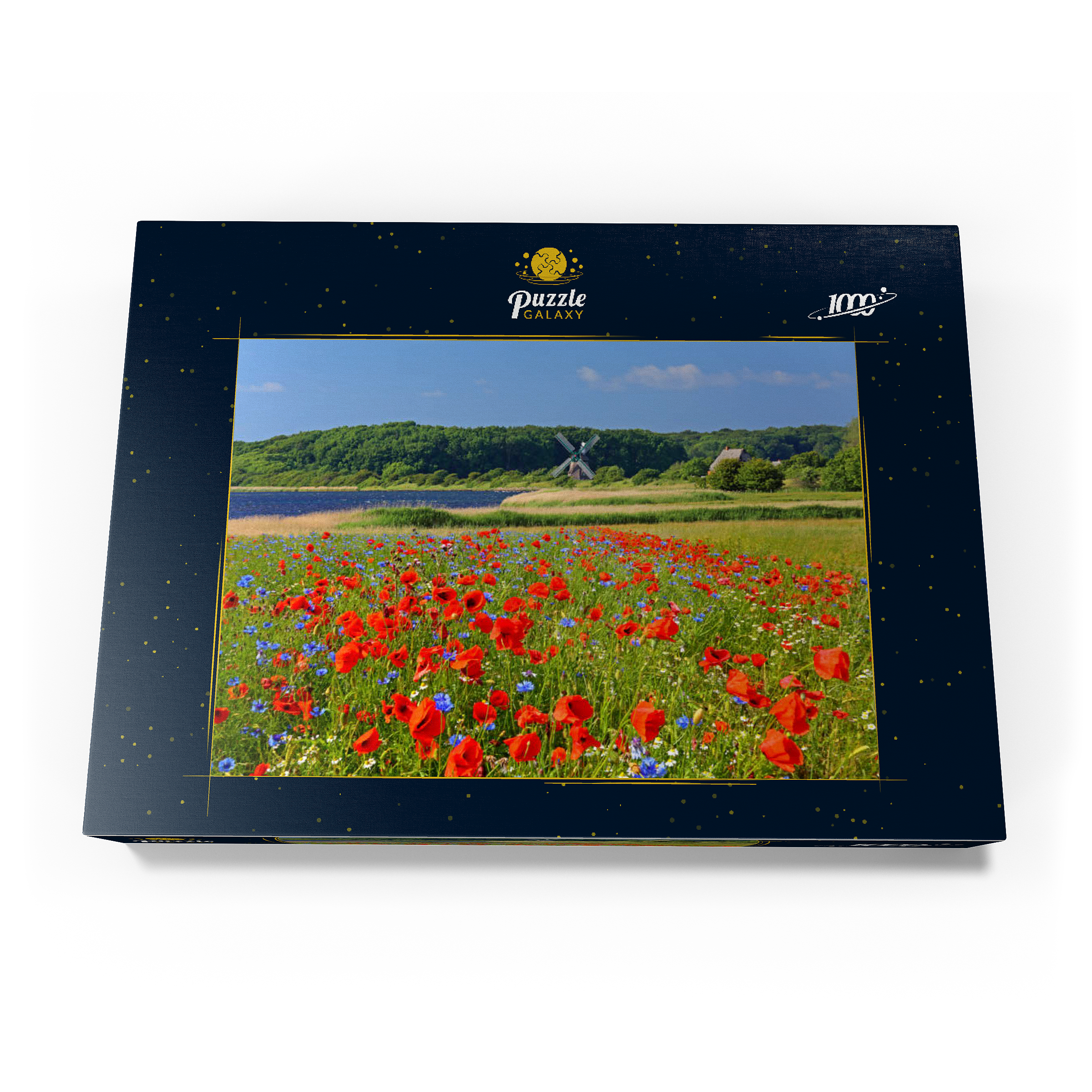 Mohnblumenfeld mit Blick zur Windmühle Charlotte in der Geltinger Birk, Geltinger Bucht 1000 Puzzle Schachtel Ansicht3
