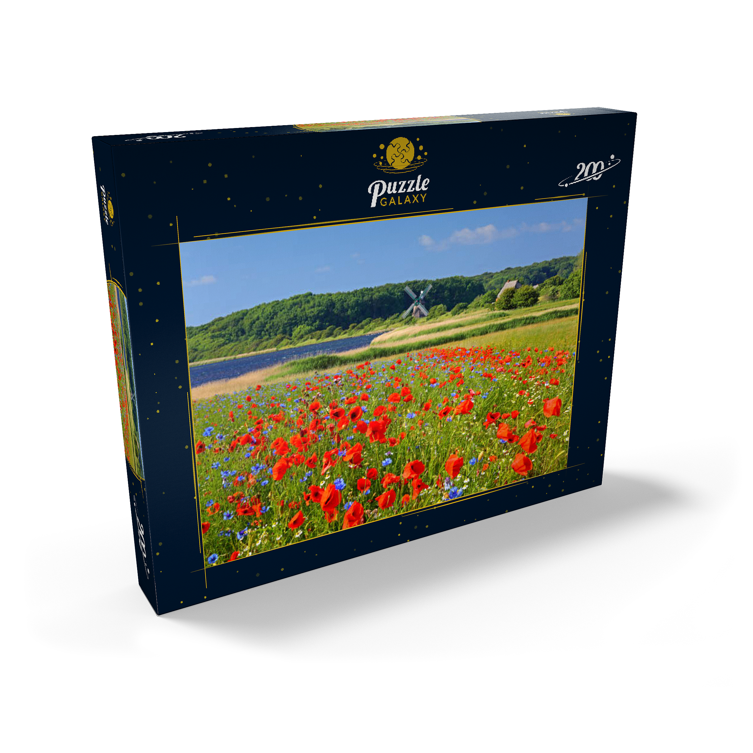 Mohnblumenfeld mit Blick zur Windmühle Charlotte in der Geltinger Birk, Geltinger Bucht 200 Puzzle Schachtel Ansicht2