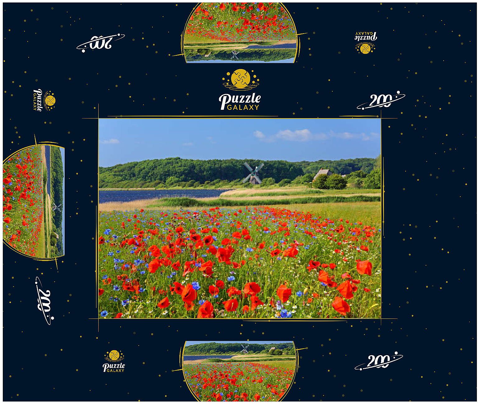 Mohnblumenfeld mit Blick zur Windmühle Charlotte in der Geltinger Birk, Geltinger Bucht 200 Puzzle Schachtel 3D Modell
