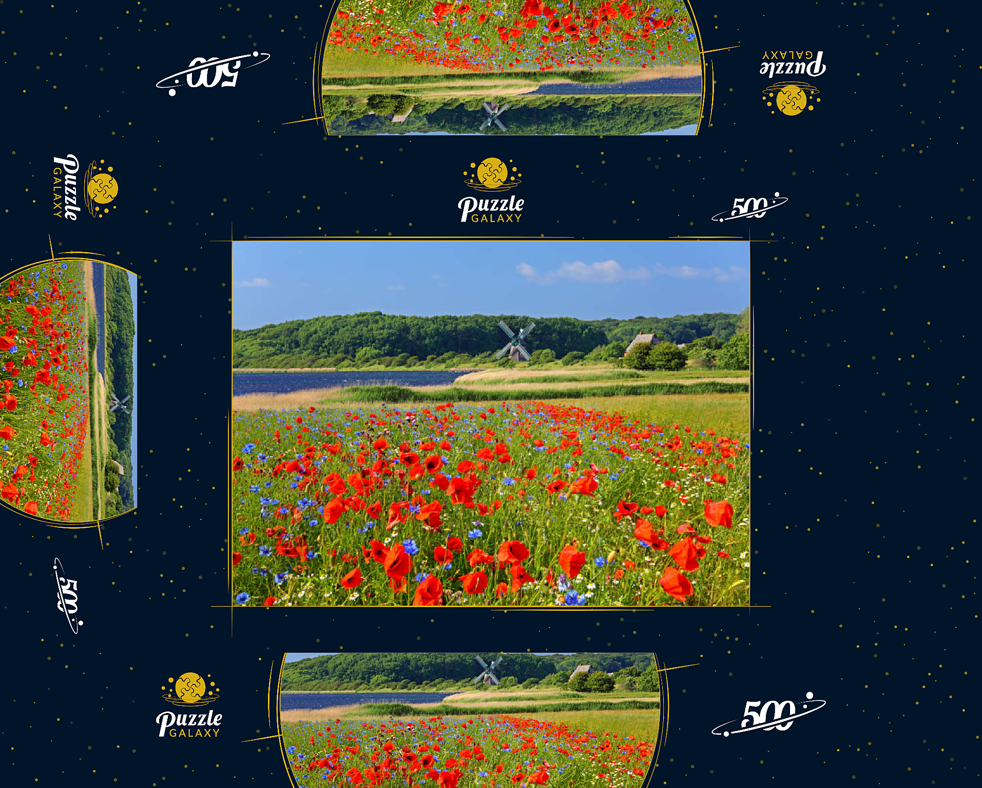 Mohnblumenfeld mit Blick zur Windmühle Charlotte in der Geltinger Birk, Geltinger Bucht 500 Puzzle Schachtel 3D Modell