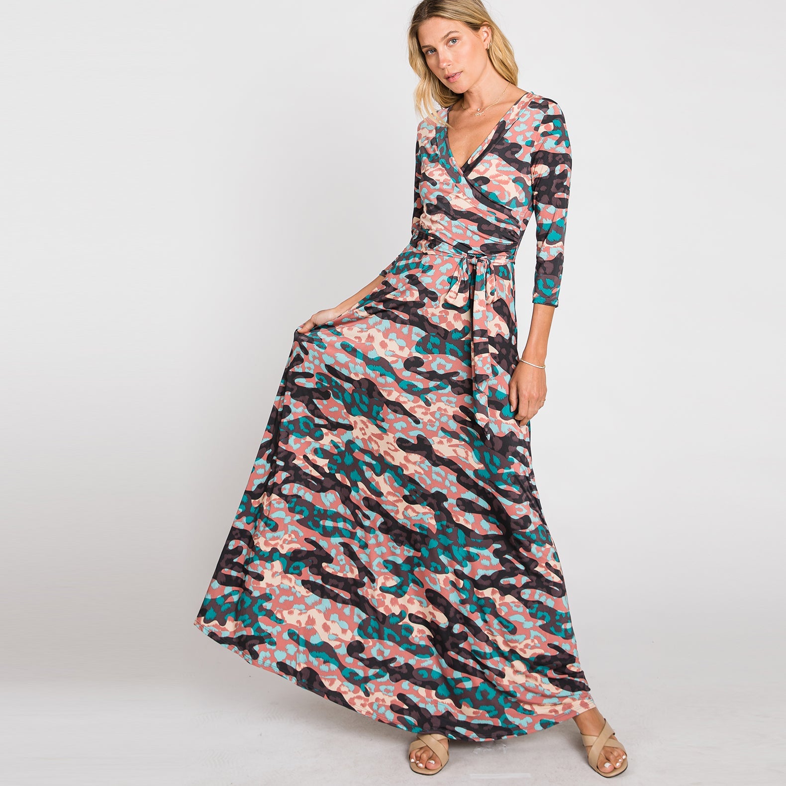 Pretty Camouflage Venechia Maxi Wrap Dress | Dress | 3/4 sleeve maxi dress, camo dress, camo maxi dress, camo venechia wrap dress, casual and everyday dress, dress, everyday dress, Made in USA, new arrivals, ocassion dress, occasion dress, Spring2022, venechia, venechia maxi dress, wrap maxi dress | Love, Kuza