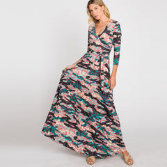 Pretty Camouflage Venechia Maxi Wrap Dress | Dress | 3/4 sleeve maxi dress, camo dress, camo maxi dress, camo venechia wrap dress, casual and everyday dress, dress, everyday dress, Made in USA, new arrivals, ocassion dress, occasion dress, Spring2022, venechia, venechia maxi dress, wrap maxi dress | Love, Kuza