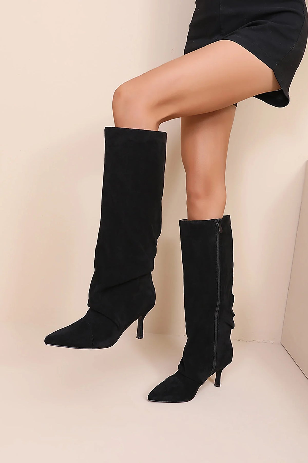 Audrey Black Suedette Knee High Boots