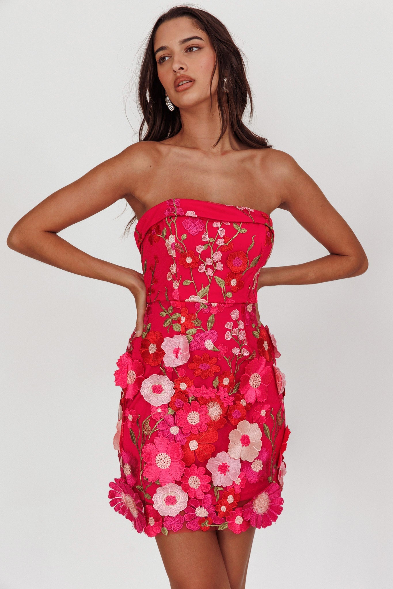 Flora Day Strapless Floral Embellished Mini Dress Fuchsia by Selfie Leslie