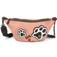 Chala Fanny Pack in dusty pink with pawprint design and RFID protection.