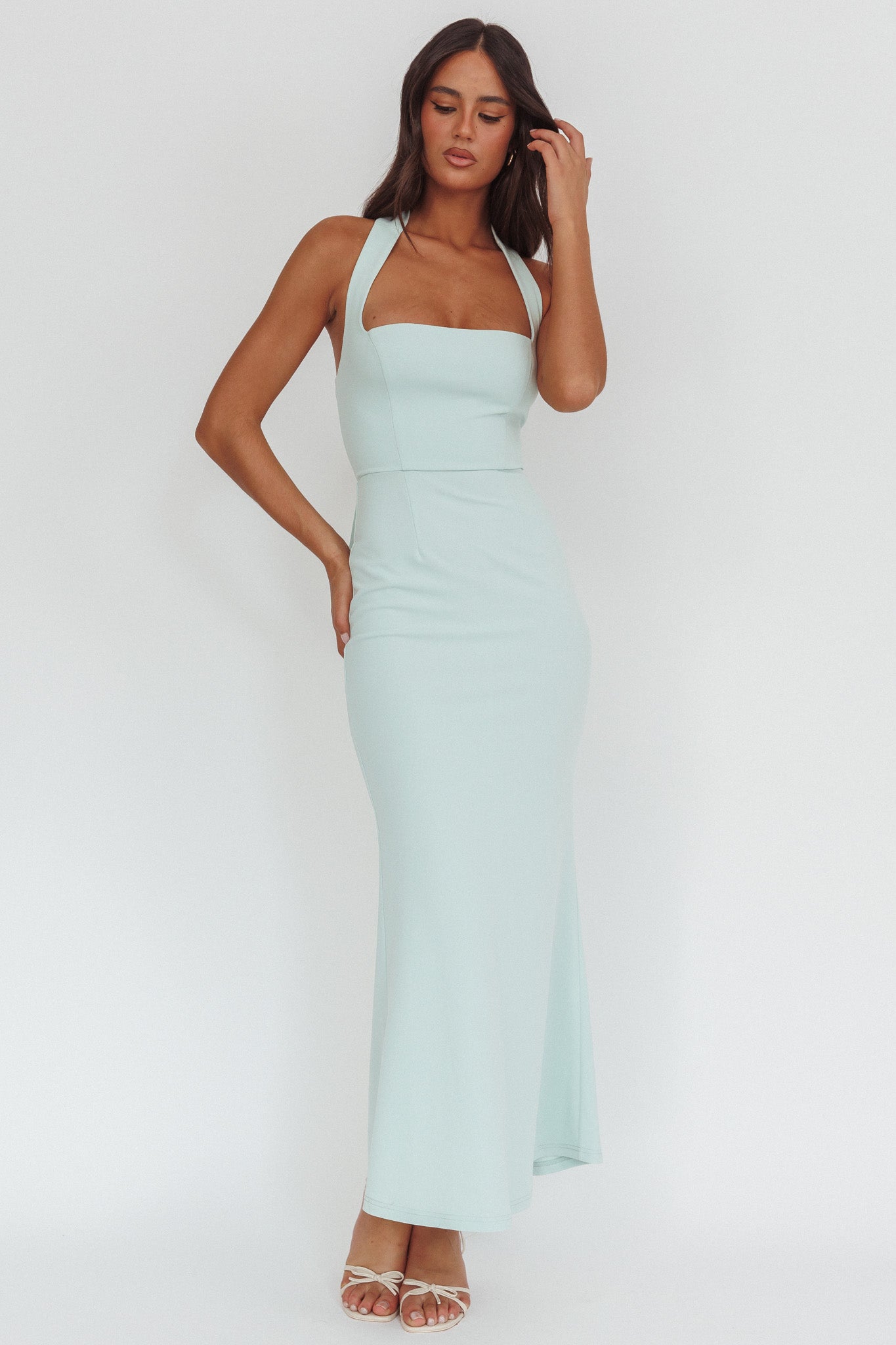 Shellie Square Neckline Halter Maxi Dress Ice Blue by Selfie Leslie