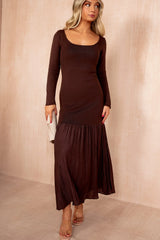 Mariah Chocolate Knit Chiffon Hem Maxi Dress