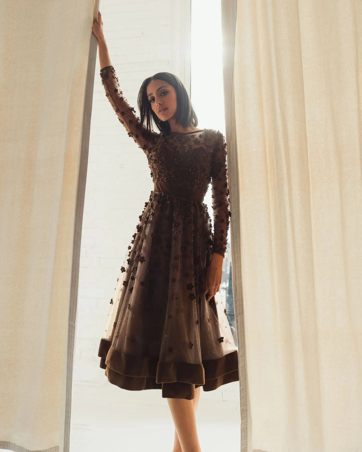 Brown Velvet Embellished Illusion Long Sleeve A-Line Midi Dress Mac Duggal