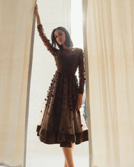 Brown Velvet Embellished Illusion Long Sleeve A-Line Midi Dress Mac Duggal