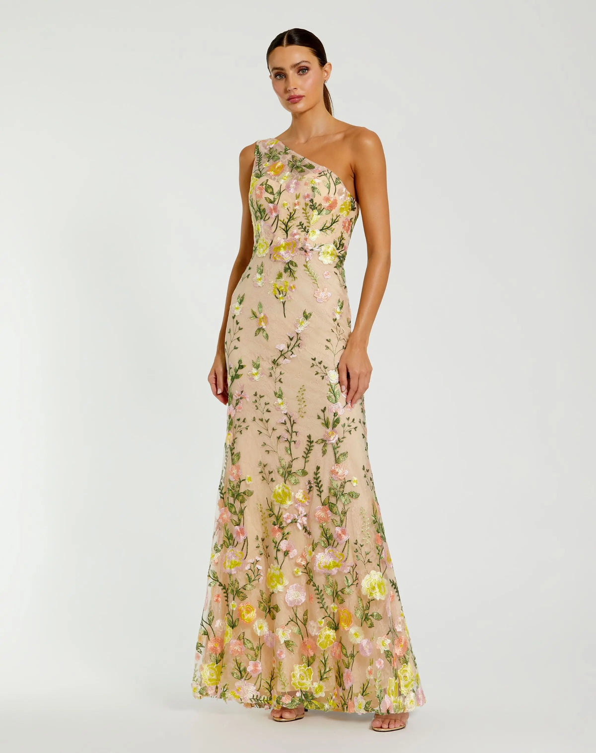Beige One Shoulder Floral Embroidered Gown - Mac Duggal