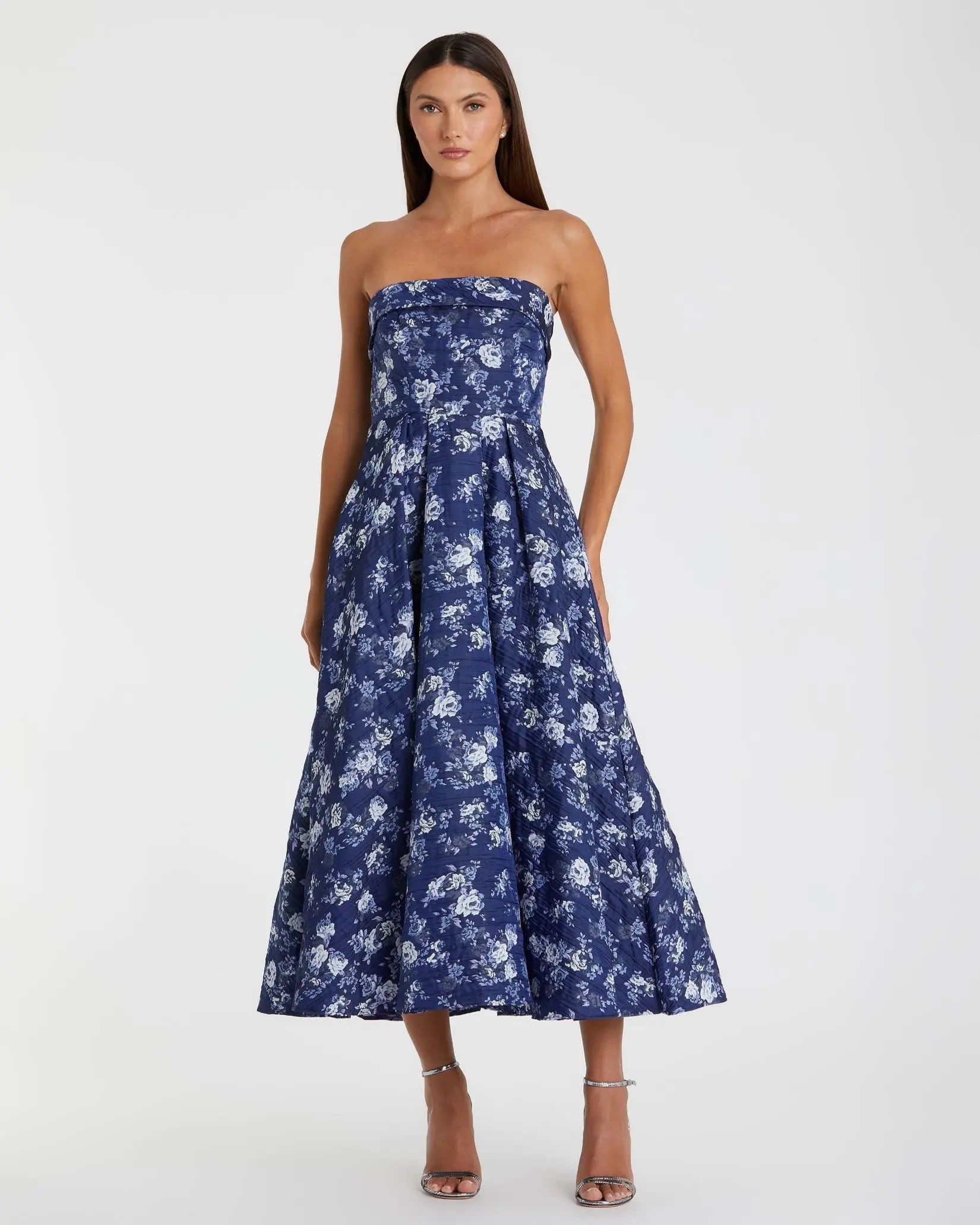 Blue Strapless Brocade Midi Dress - Mac Duggal
