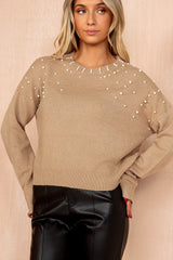 Myra Camel Knit Pearl Embellished Jumper