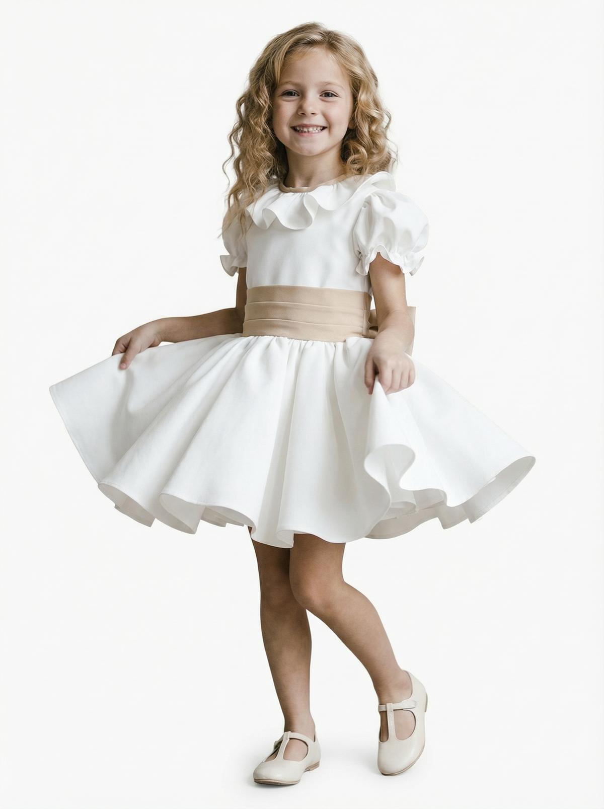 Short Sleeve Ruffle Neck Satin Skater Style Knee Length Junior Bridesmaid Dress