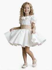 Short Sleeve Ruffle Neck Satin Skater Style Knee Length Junior Bridesmaid Dress