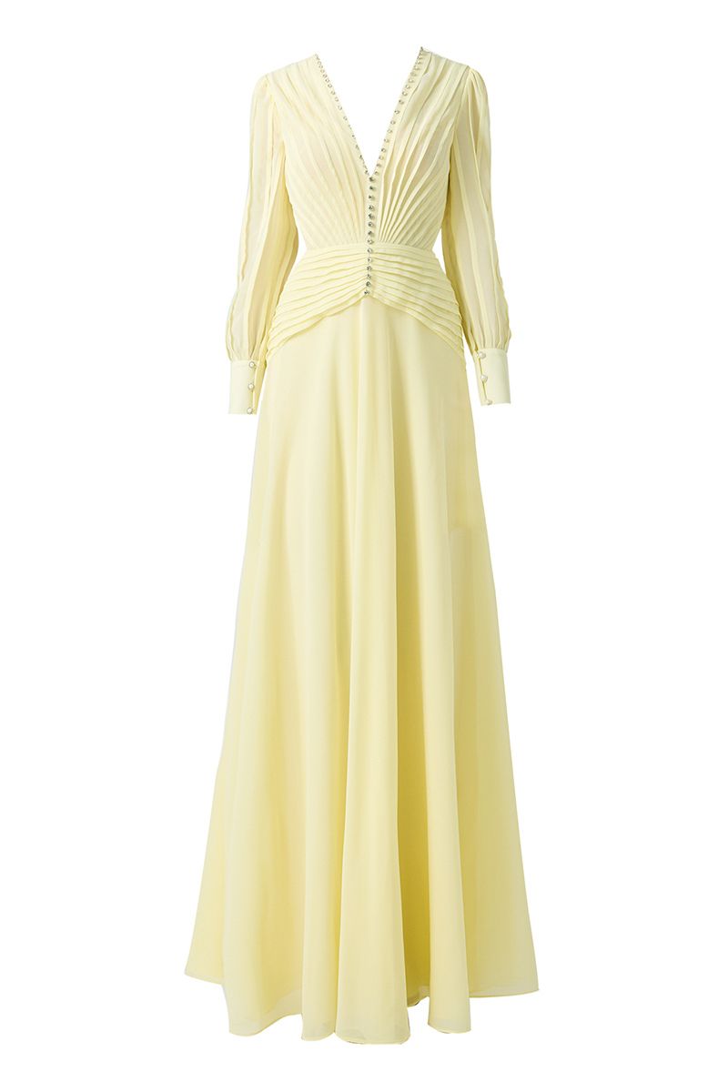 Light yellow V-neck maxi dress by Happy Clothing, floor-length design with a flowing, elegant silhouette perfect for summer occasions.