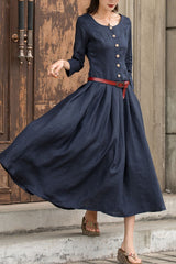 Navy Linen Maxi Dress - Drop Waist 3/4 Sleeves Pockets | Xiaolizi 2742