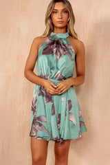 Claire Duck Egg Satin Floral Mini Dress