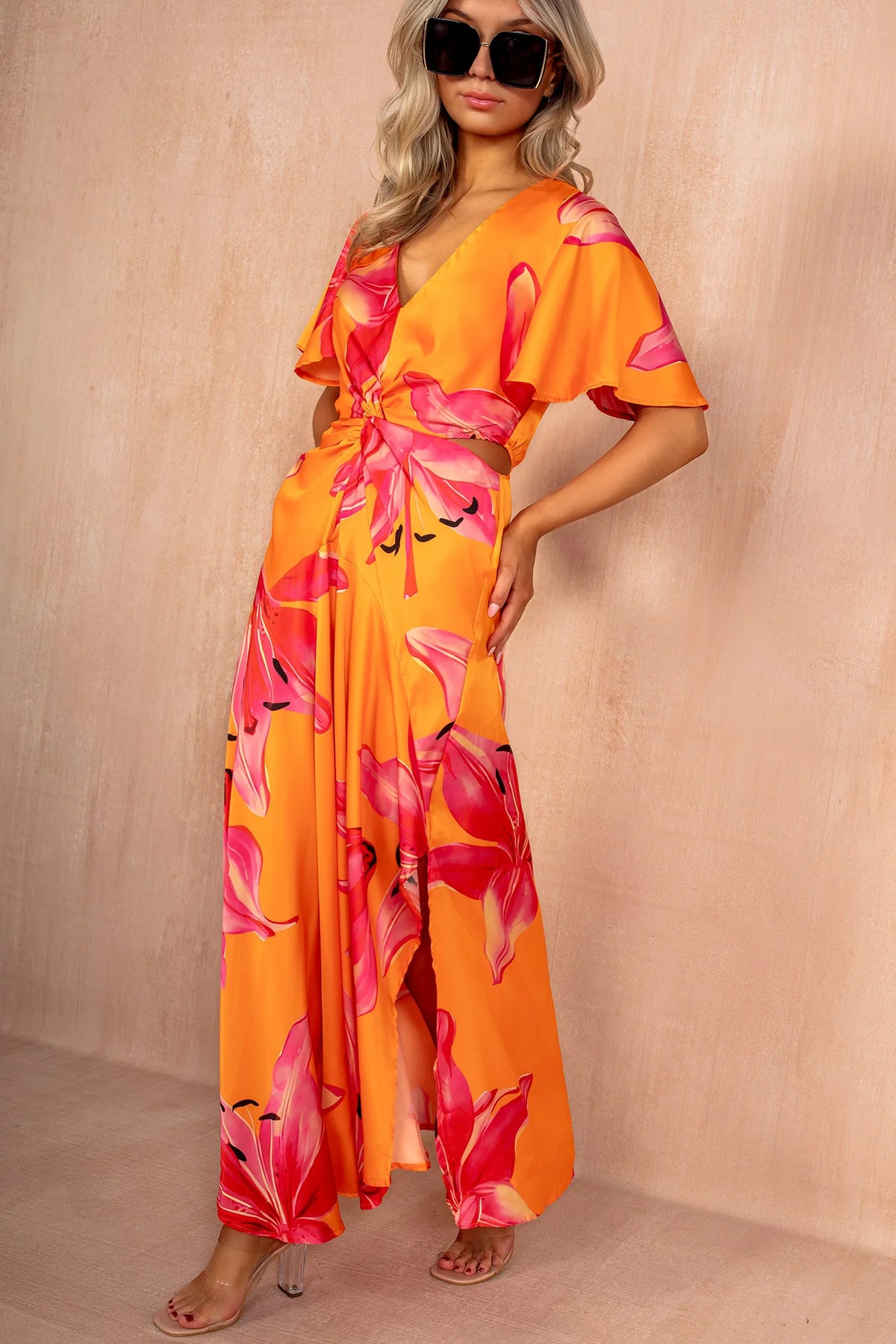 Josie Orange Satin Cut Out Midi Dress