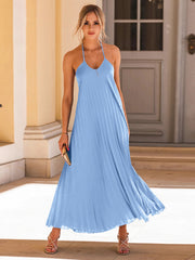 Backless Pleated Halter Neck Dress - Taboochic
