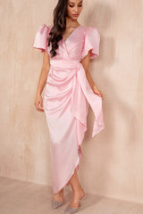 Drew Pink Satin Wrap Midi Dress