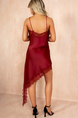 Belinda Wine Satin Lace Asymmetric Cami Dress