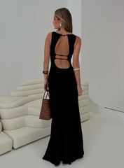 back view of model wearing Princess Polly Ace Of Hearts Backless Maxi Dress Black Petite Crew Neck