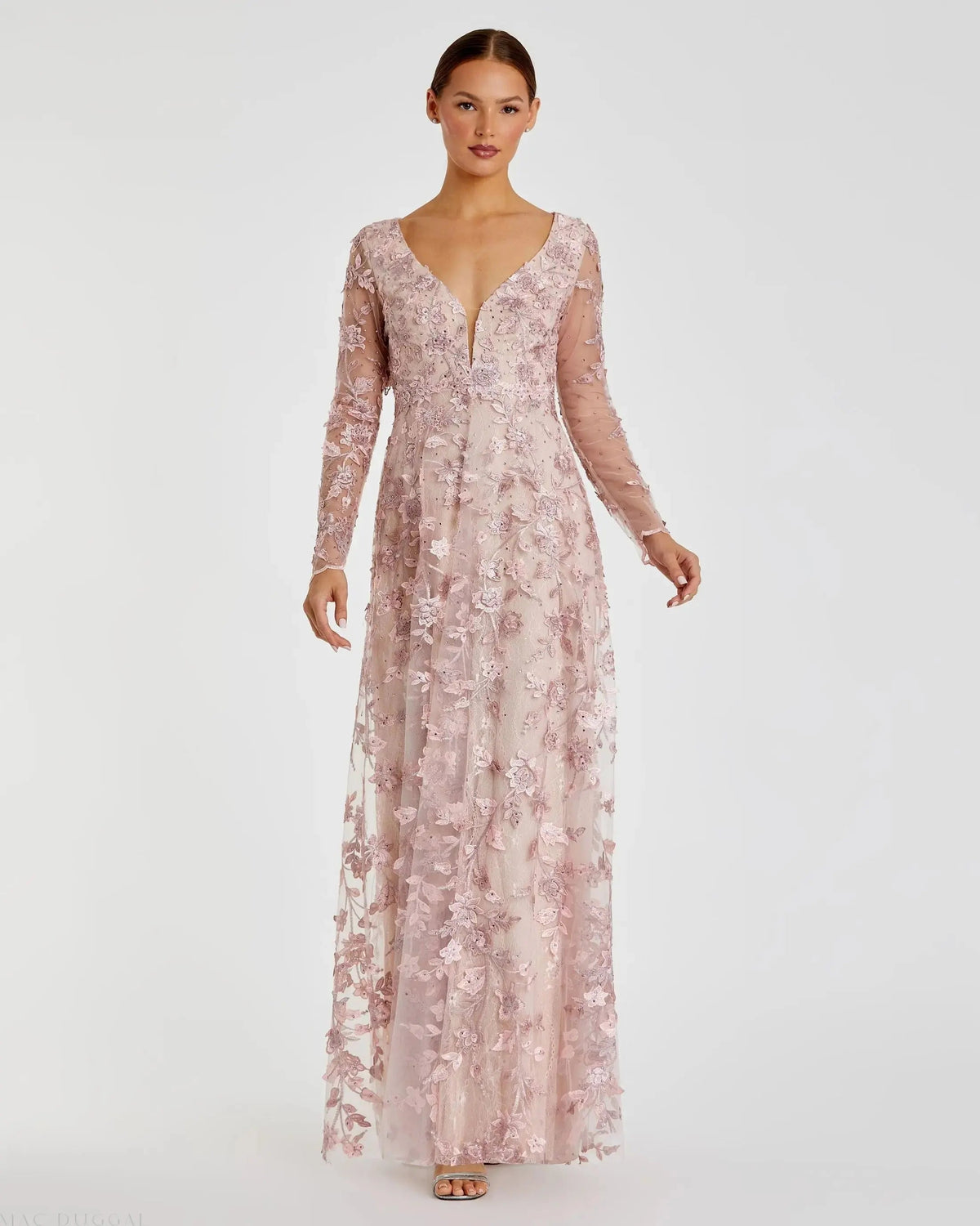 Pink Floral Applique Long Sleeve Illusion Gown - Mac Duggal