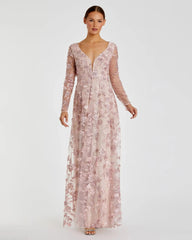 Pink Floral Applique Long Sleeve Illusion Gown - Mac Duggal