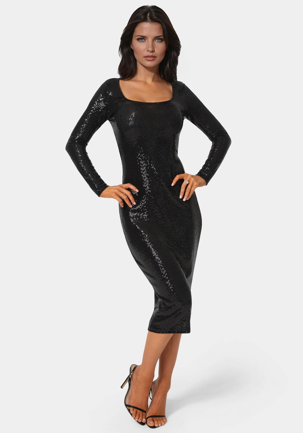 Front View-Long Sleeve Disco Dot Square Neck Maxi Dress-BLACK