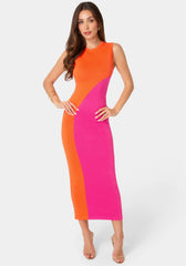 Front View-Colorblock Sleeveless Maxi Dress-Orange Fuchsia