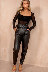 India Black Leather Look Paperbag Trousers