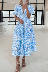 Sky Blue Floral V Neck Puff Short Sleeve Flowy Long Dress-TOPS / DRESSES-[Adult]-[Female]-Sky Blue-S-2022 Online Blue Zone Planet