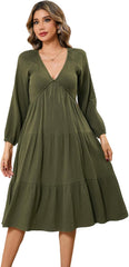 R.Vivimos Women's Fall Casual Gauze Cotton Dresses V Neck Long Sleeve Ruffle Tiered Flowy Midi Dress with Pockets