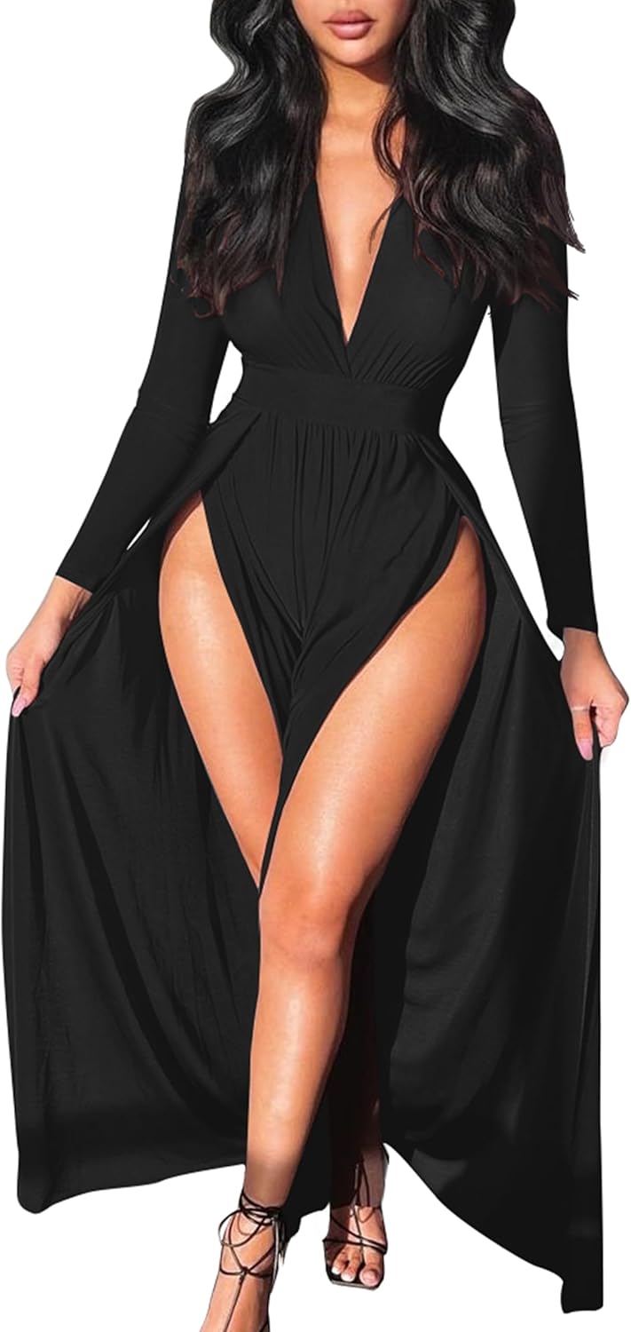 GOKATOSAU Women's Sexy Plunge V Neck Long Sleeve Double High Split Bodycon Long Maxi Dress