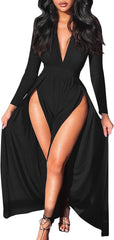 GOKATOSAU Women's Sexy Plunge V Neck Long Sleeve Double High Split Bodycon Long Maxi Dress