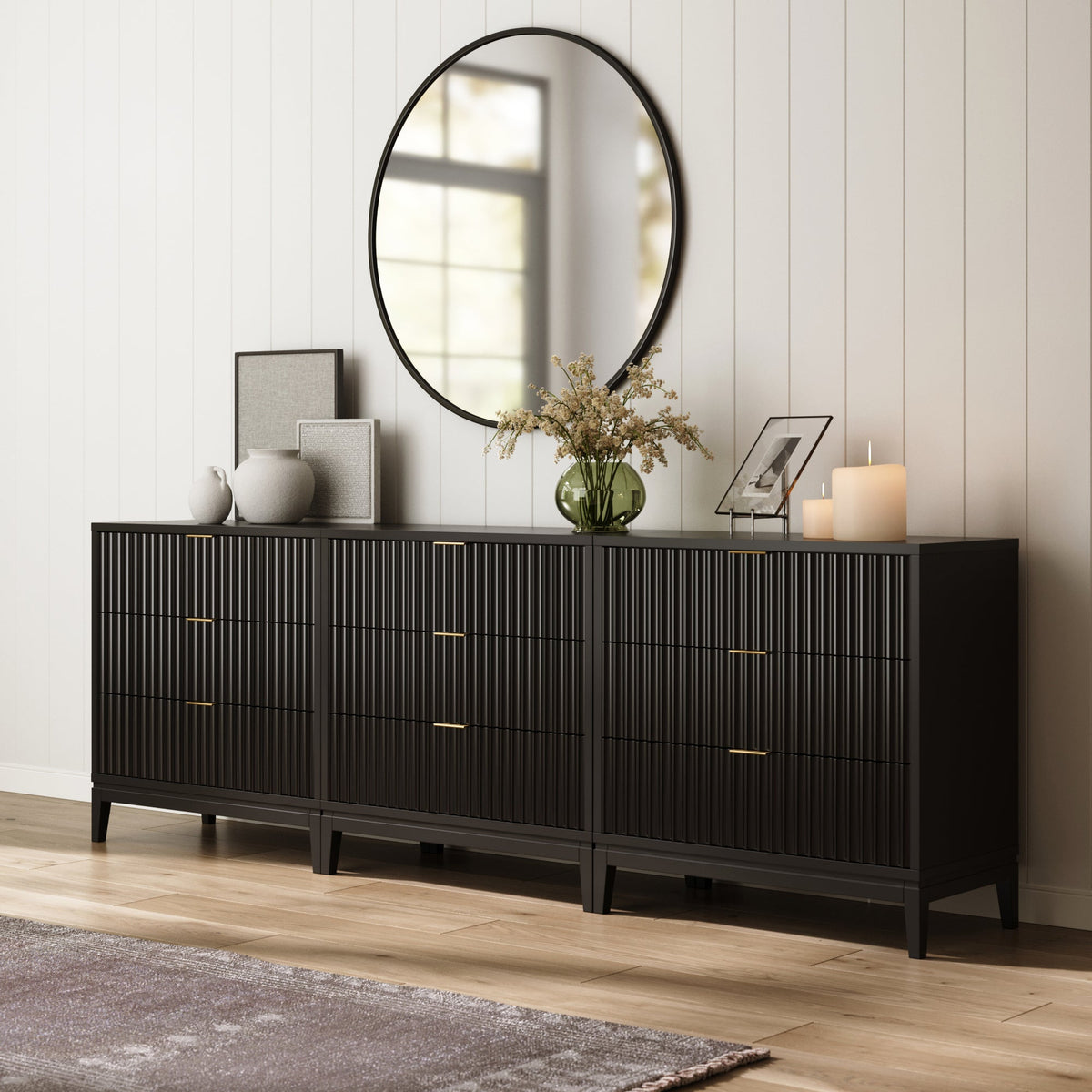 Mid - Century Fluted 9 - Drawer Extra Large Dresser Black (Set of 3) - Nathan James