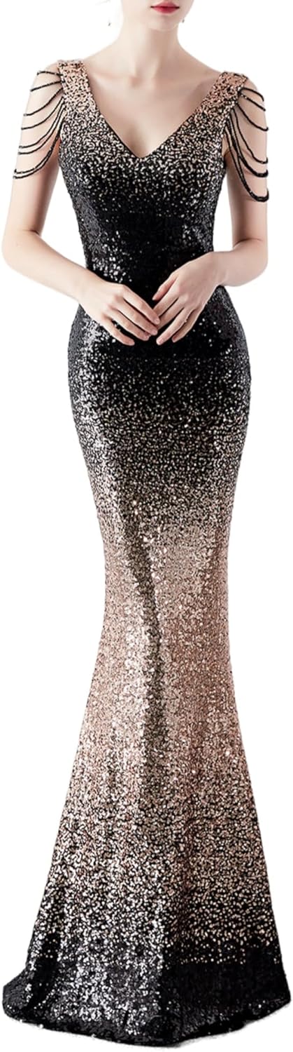 Women's Sparkly Prom Dress V Neck Tassel Bead Sleeve Mermaid Long Gown 1920S Party Formal Evening Maxi Dress