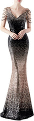 Women's Sparkly Prom Dress V Neck Tassel Bead Sleeve Mermaid Long Gown 1920S Party Formal Evening Maxi Dress