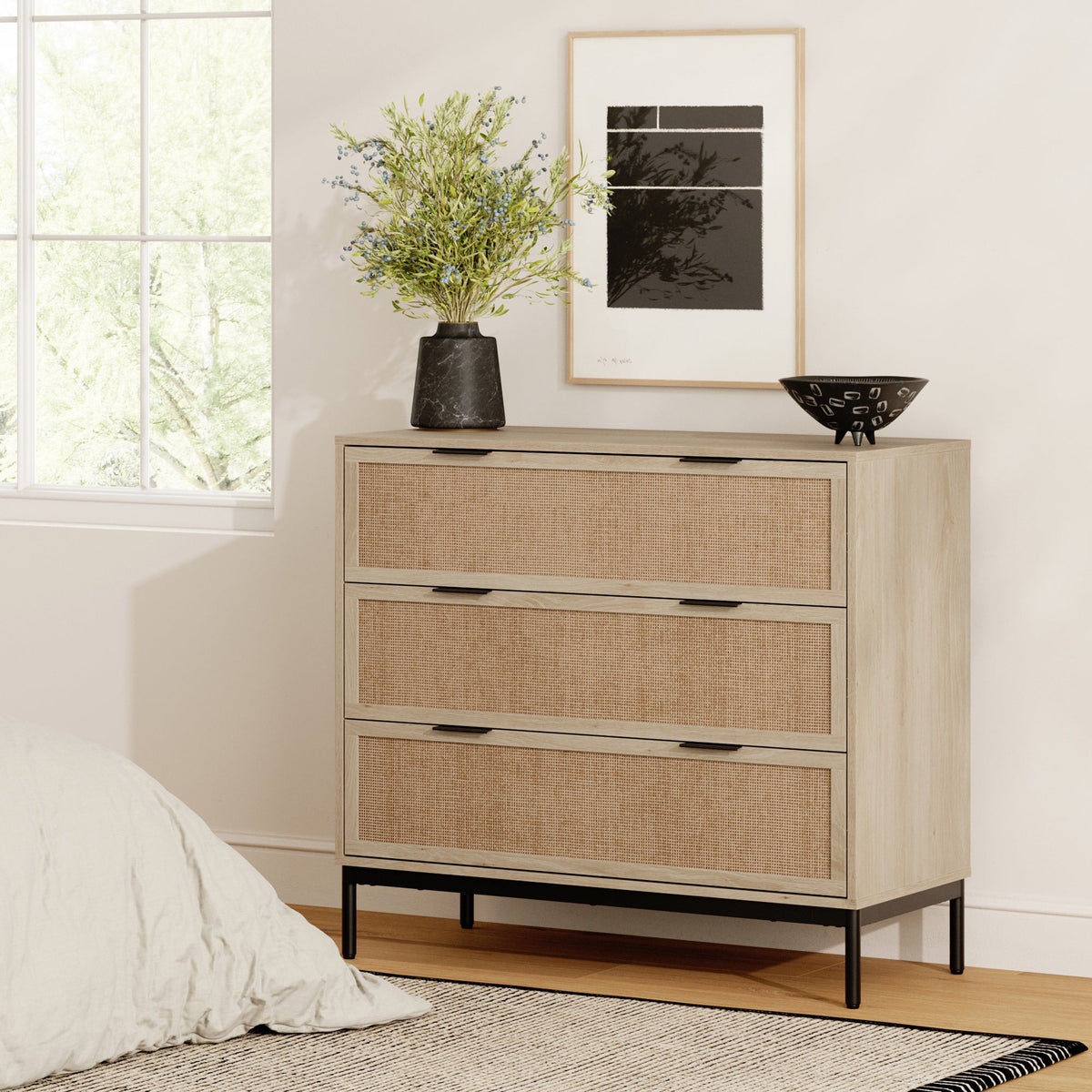Rattan & Wood 3-Drawer Dresser Light Oak - Nathan James