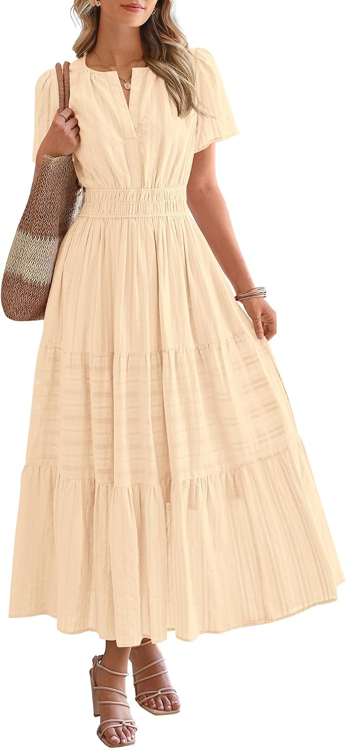 BTFBM Womens Summer 2026 Casual Midi Maxi Dresses Lightweight Short Sleeve V Neck Elastic Waist Boho Beach Dress Pockets