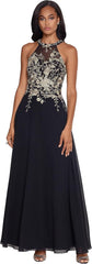 Betsy & Adam Women's Long Embroidered Halter Chiffon Gown