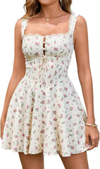 Women's Summer Graduation Mini Dress Square Neck Lace Ruffle Flowy A Line Corset Buttons Short Party Dresses
