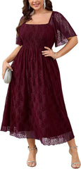 SCOMCHIC Women's Plus Size Wedding Guest Dress Formal Lace Square Neck Short Sleeve Smocked Flowy Cocktail Maxi Dresses