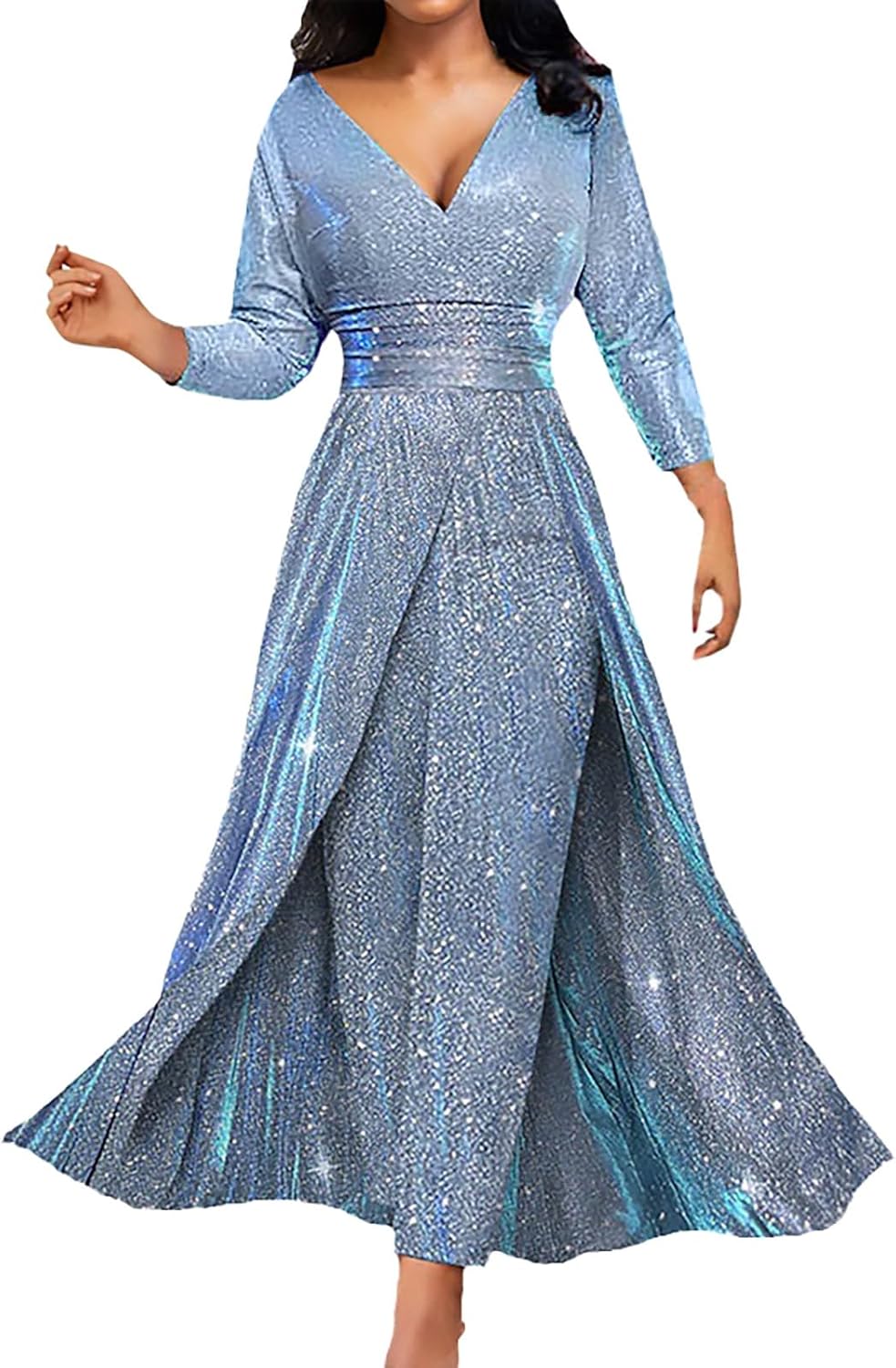 Formal Gowns for Women 2024 Sparkly V Neck Long Sleeve Long Dress Laidies Wedding Guest Cocktail Party Dresses