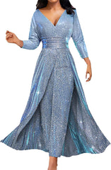 Formal Gowns for Women 2024 Sparkly V Neck Long Sleeve Long Dress Laidies Wedding Guest Cocktail Party Dresses