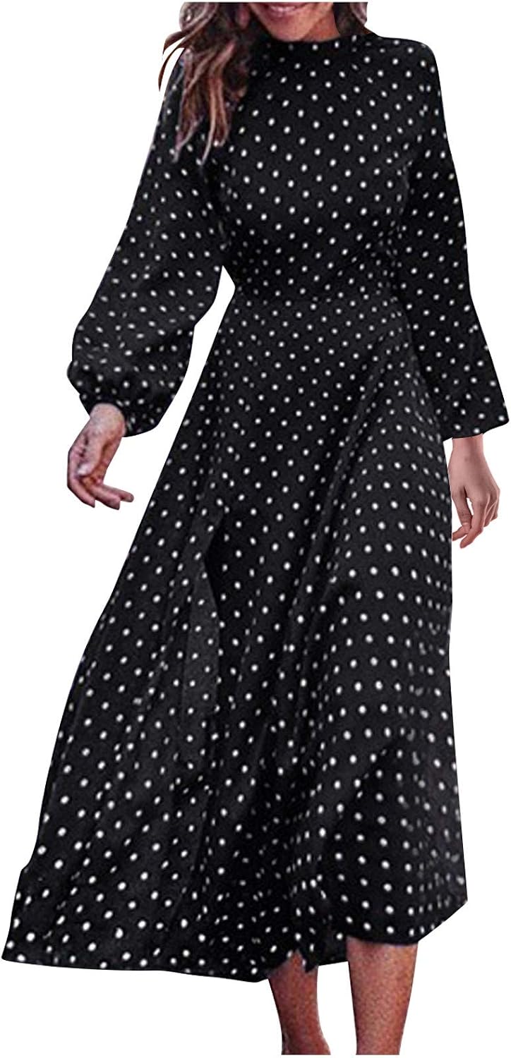 Elegant Dresses for Women Round Neck Polka Dot Long Sleeve Fall Dress Midi Semi Formal Business Casual Dress